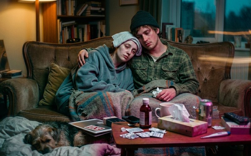 AI-generated image: a pale couple slumped under a blanket on a sofa, surrounded by tissues and medicine.