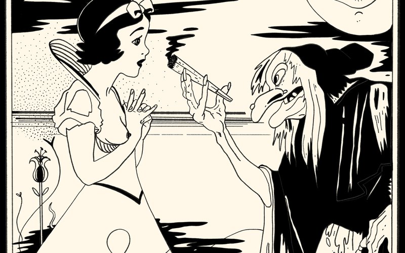 Detail of an ink drawing: Snow White, hands raised, faces a smoking joint held out by a witch.