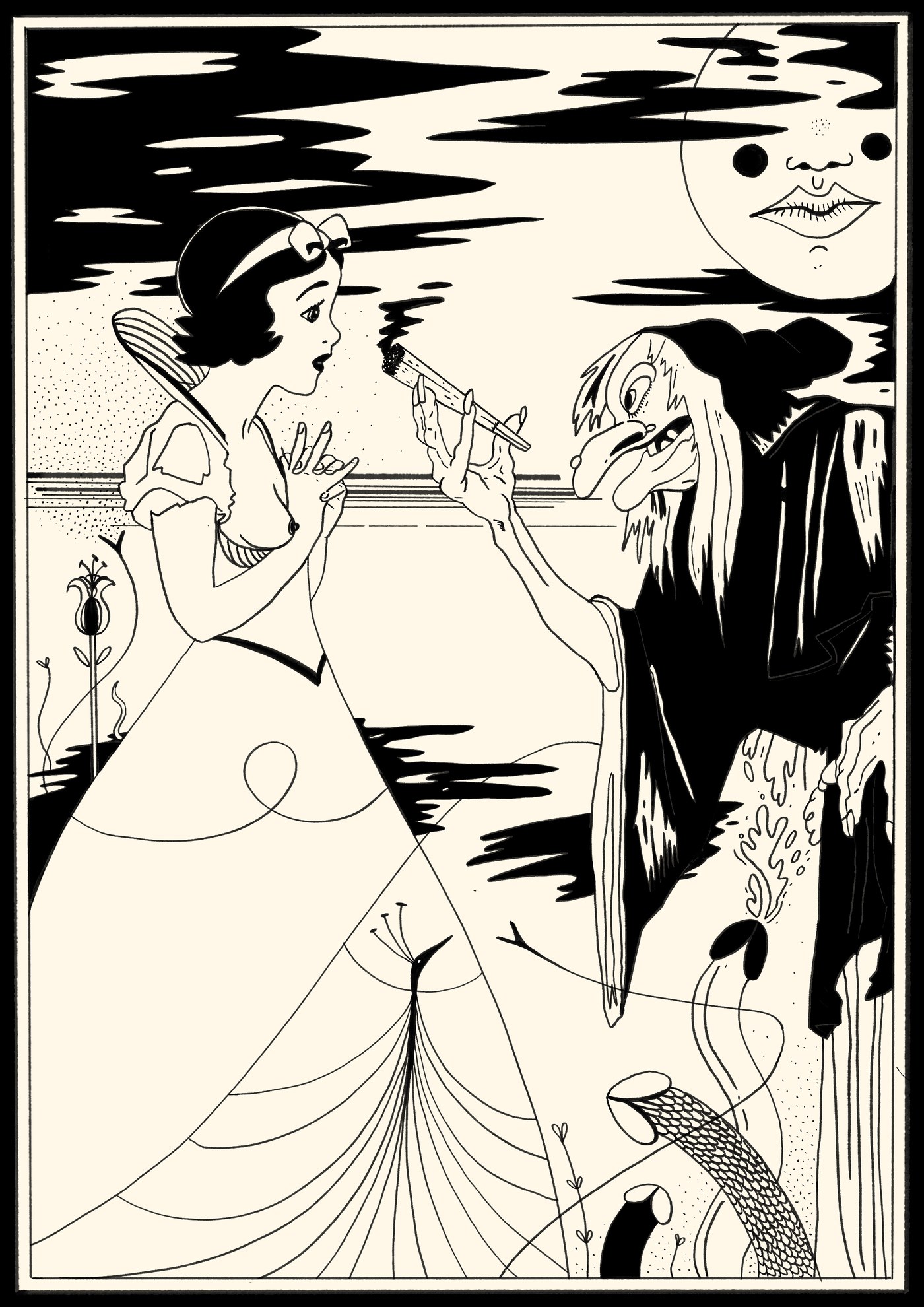 Black-and-white ink drawing. Under a moon with a face and black clouds of smoke, Snow White, one breast bared, raises her hands as a hooded witch holds out a smoking joint. Plants with phallic shapes grow at their feet.